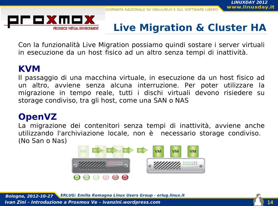 Per poter utilizzare la migrazione in tempo reale, tutti i dischi virtuali devono risiedere su storage condiviso, tra gli host, come una SAN o NAS OpenVZ