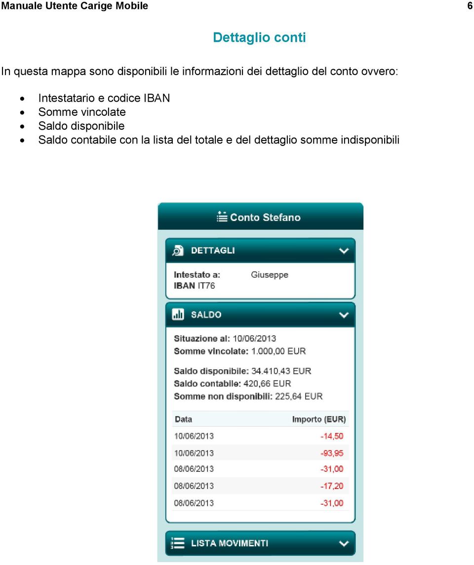 Intestatario e codice IBAN Somme vincolate Saldo disponibile