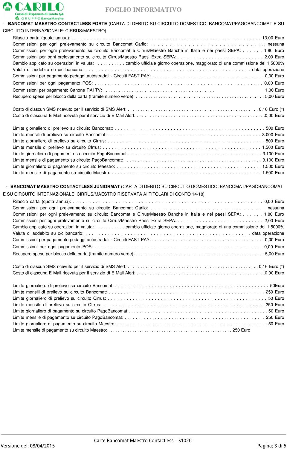 .................................................. 500 Euro Limite mensili di prelievo su circuito Bancomat:................................................... 3.