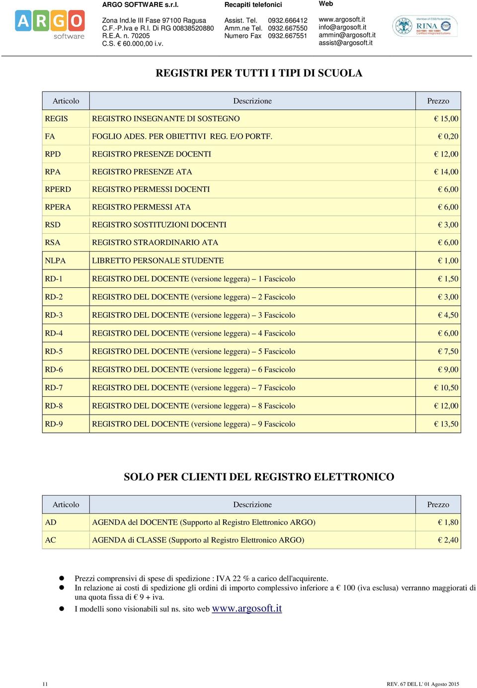 STRAORDINARIO ATA 6,00 NLPA LIBRETTO PERSONALE STUDENTE 1,00 RD-1 REGISTRO DEL DOCENTE (versione leggera) 1 Fascicolo 1,50 RD- REGISTRO DEL DOCENTE (versione leggera) Fascicolo 3,00 RD-3 REGISTRO DEL