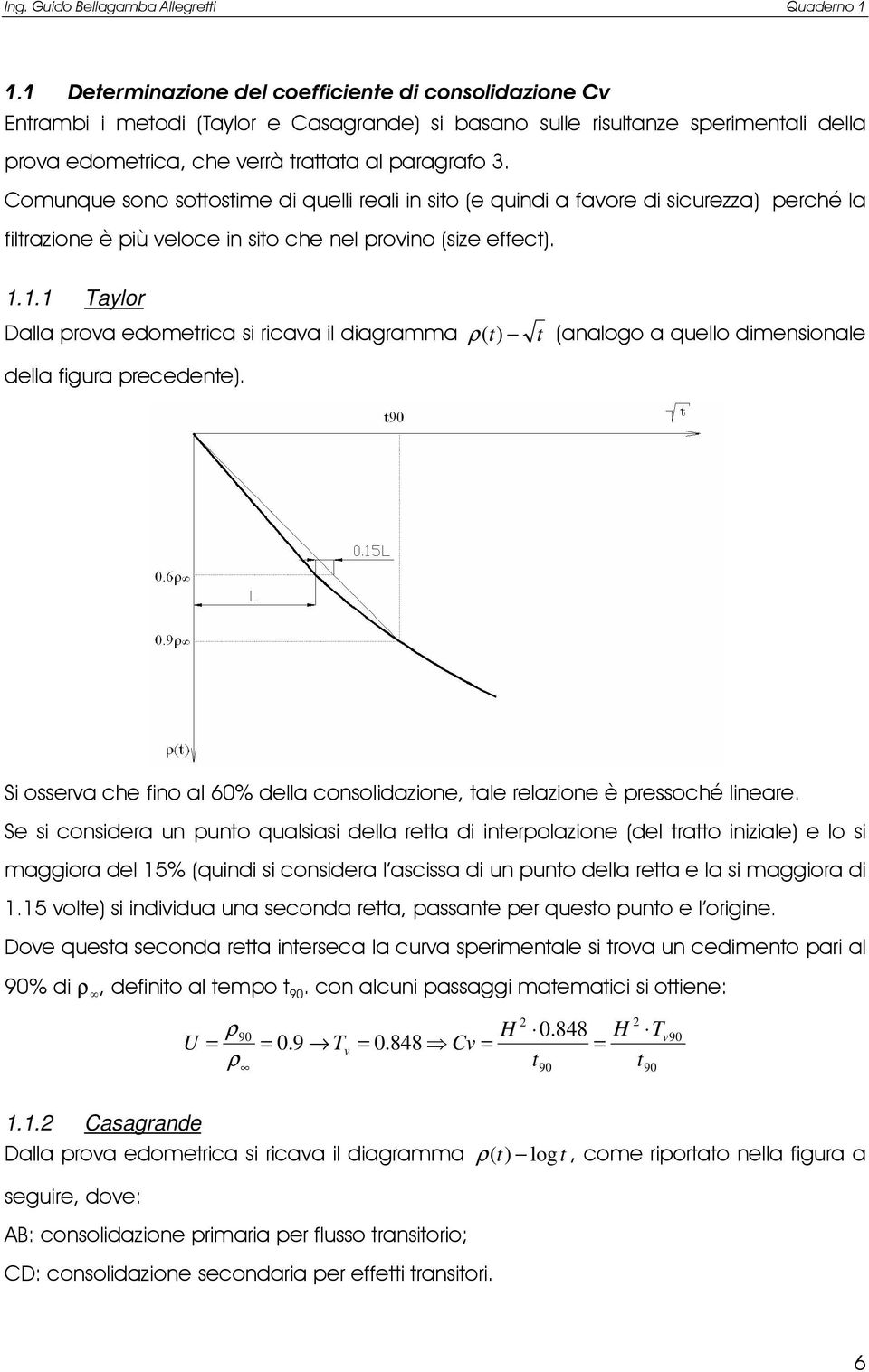 1.1 Taylor Dalla proa edometria si riaa il diagramma ρ ( t) t (analogo a uello dimensionale della figura preedente). Si ossera he fino al 60% della onsolidazione, tale relazione è pressohé lineare.