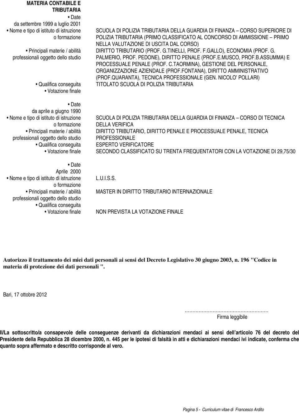 PEDONE), DIRITTO PENALE (PROF.E.MUSCO, PROF.B.ASSUMMA) E PROCESSUALE PENALE (PROF. C.TAORMINA), GESTIONE DEL PERSONALE, ORGANIZZAZIONE AZIENDALE (PROF.FONTANA), DIRITTO AMMINISTRATIVO (PROF.