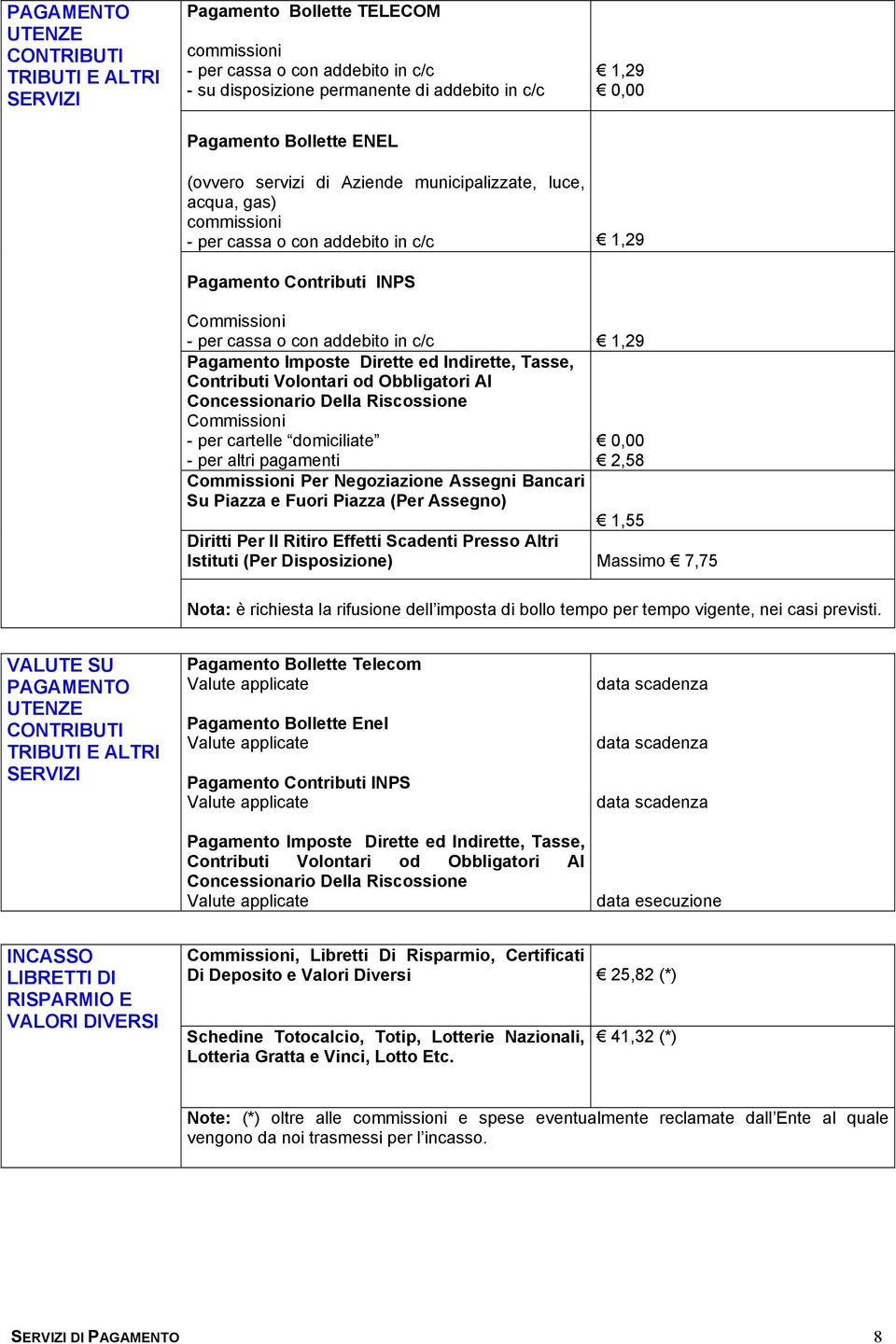 Pagamento Imposte Dirette ed Indirette, Tasse, Contributi Volontari od Obbligatori Al Concessionario Della Riscossione Commissioni - per cartelle domiciliate - per altri pagamenti Commissioni Per