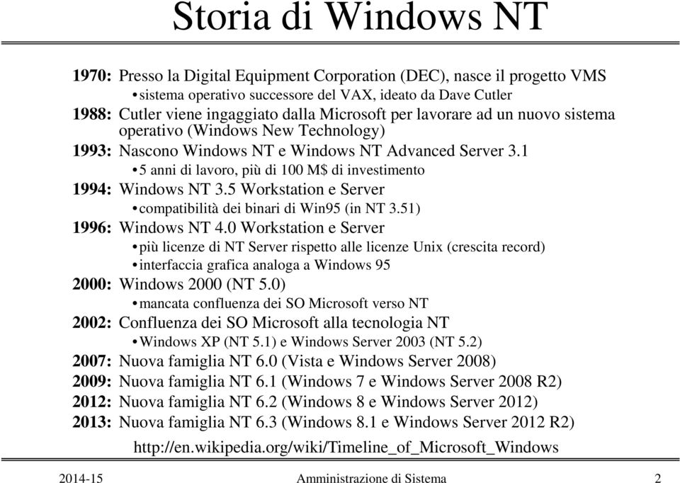 1 5 anni di lavoro, più di 100 M$ di investimento 1994: Windows NT 3.5 Workstation e Server compatibilità dei binari di Win95 (in NT 3.51) 1996: Windows NT 4.