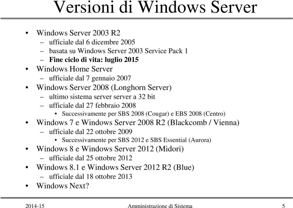 (Cougar) e EBS 2008 (Centro) Windows 7 e Windows Server 2008 R2 (Blackcomb / Vienna) ufficiale dal 22 ottobre 2009 Successivamente per SBS 2012 e SBS Essential (Aurora)