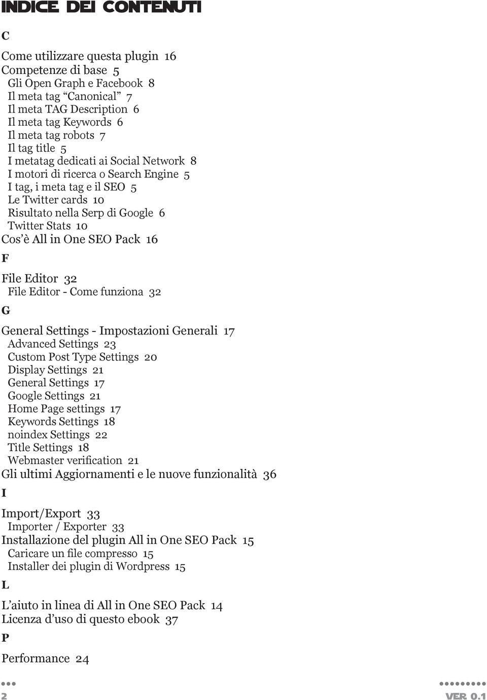 All in One SEO Pack 16 F File Editor 32 File Editor - Come funziona 32 G General Settings - Impostazioni Generali 17 Advanced Settings 23 Custom Post Type Settings 20 Display Settings 21 General
