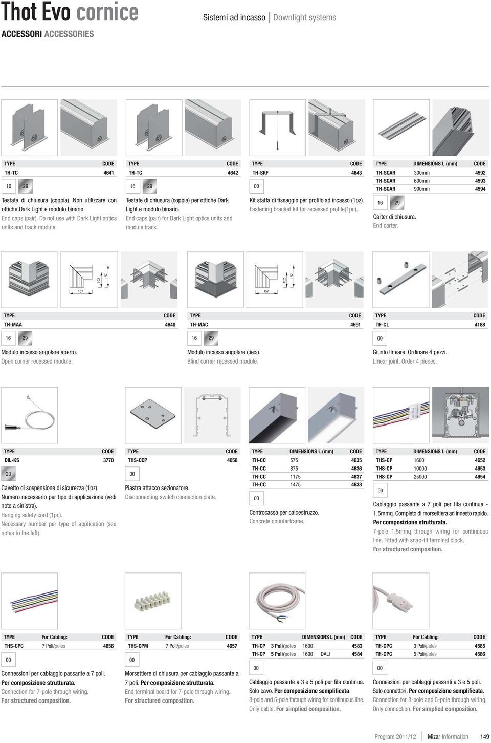 Testate di chiusura (coppia) per ottiche Dark Light e modulo binario. End caps (pair) for Dark Light optics units and module track. Kit staffa di fi ssaggio per profi lo ad incasso (1pz).