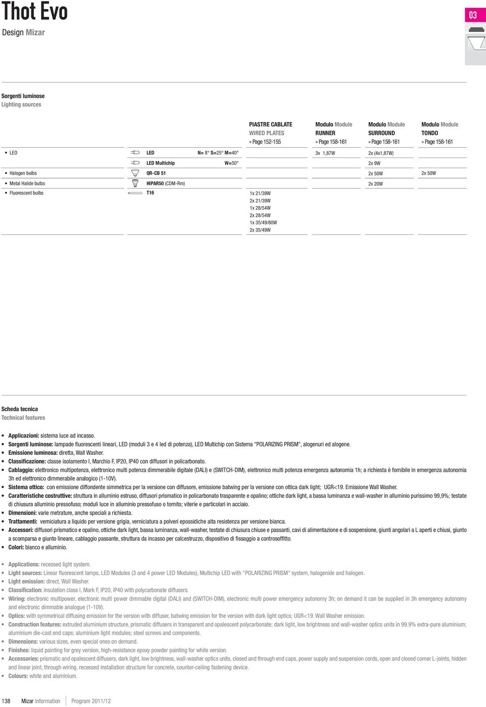 1x 28/54W 2x 28/54W 1x 35/49/80W 2x 35/49W Scheda tecnica Technical features Applicazioni: sistema luce ad incasso.