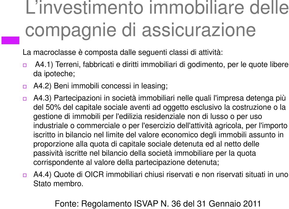 3) Partecipazioni in società immobiliari nelle quali l'impresa detenga più del 50% del capitale sociale aventi ad oggetto esclusivo la costruzione o la gestione di immobili per l'edilizia