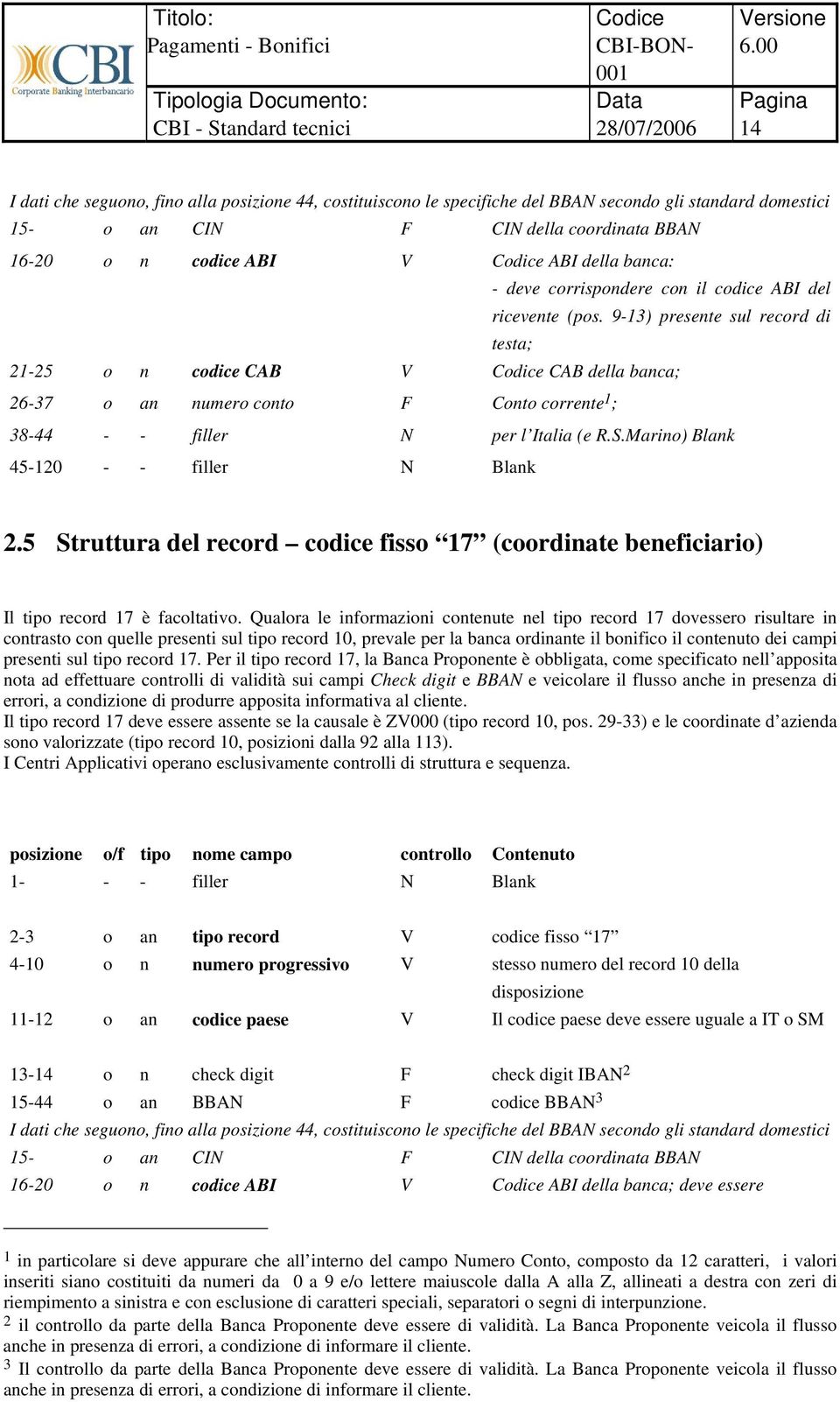 9-13) presente sul record di testa; 21-25 o n codice CAB V CAB della banca; 26-37 o an numero conto F Conto corrente 1 ; 38-44 - - filler N per l Italia (e R.S.