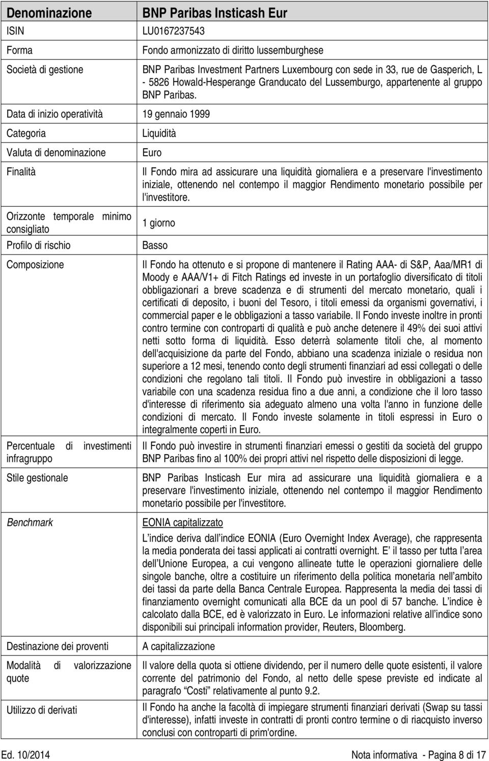 Data di inizio operatività 19 gennaio 1999 Categoria Valuta di denominazione Finalità Orizzonte temporale minimo consigliato Profilo di rischio Composizione Percentuale di investimenti infragruppo