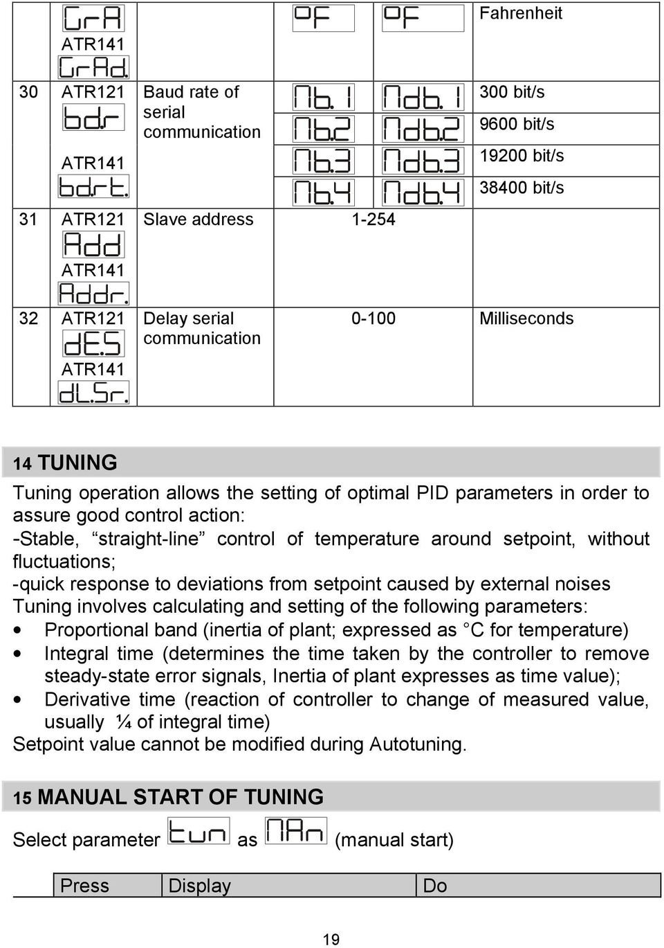 response to deviations from setpoint caused by external noises Tuning involves calculating and setting of the following parameters: Proportional band (inertia of plant; expressed as C for