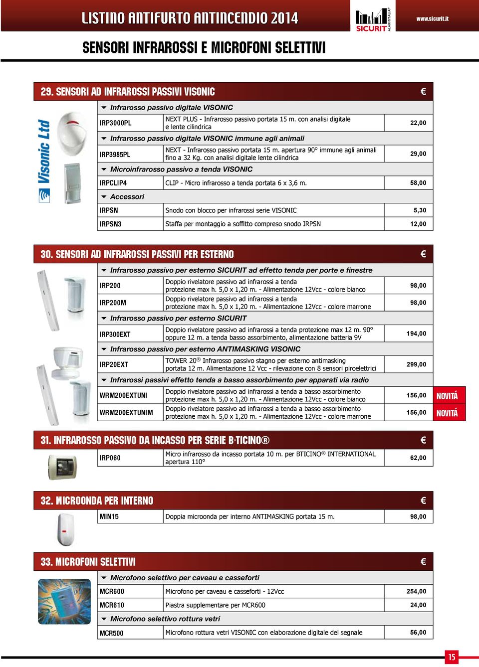 con analisi digitale IRP3000PL e lente cilindrica Infrarosso passivo digitale VISONIC immune agli animali NEXT - Infrarosso passivo portata 15 m.