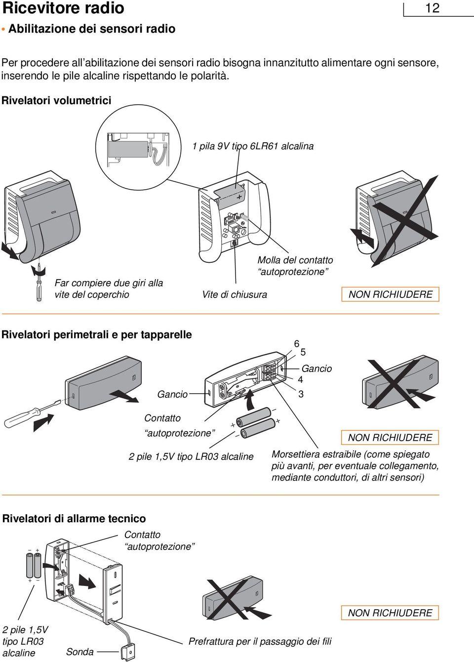 Rivelatori volumetrici pila 9V tipo 6LR6 alcalina Far compiere due giri alla vite del coperchio Vite di chiusura Molla del contatto autoprotezione NON RICHIUDERE Rivelatori perimetrali e