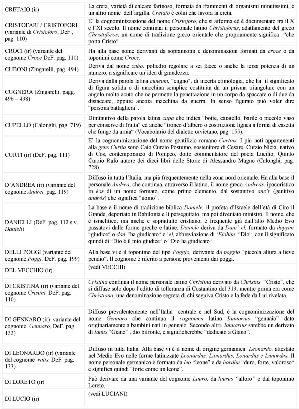 pag. 199) DEL VECCHIO (ir). DI CRISTINA (ir) (variante del cognome Cristini, DeF. pag.