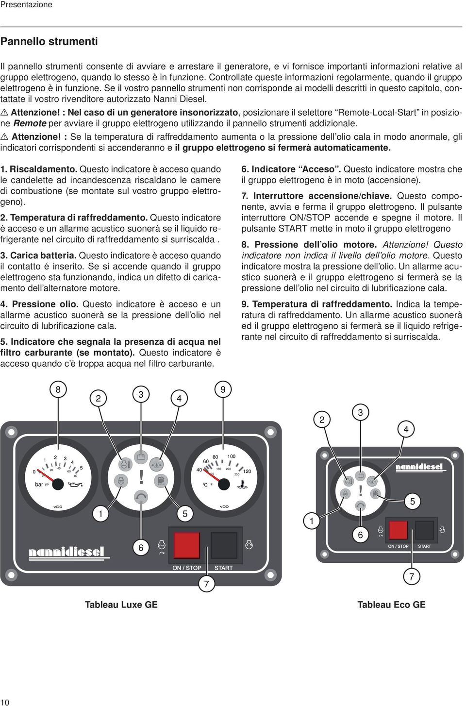 Se il vostro pannello strumenti non corrisponde ai modelli descritti in questo capitolo, contattate il vostro rivenditore autorizzato Nanni Diesel. I Attenzione!