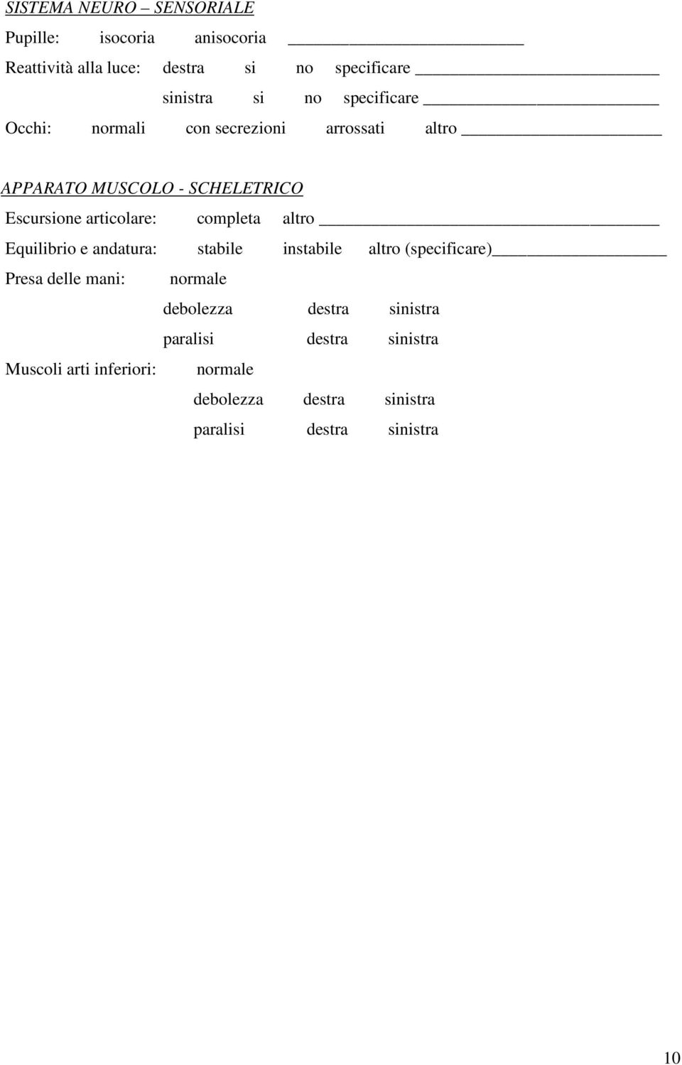 completa altro Equilibrio e andatura: stabile instabile altro (specificare) Presa delle mani: normale debolezza