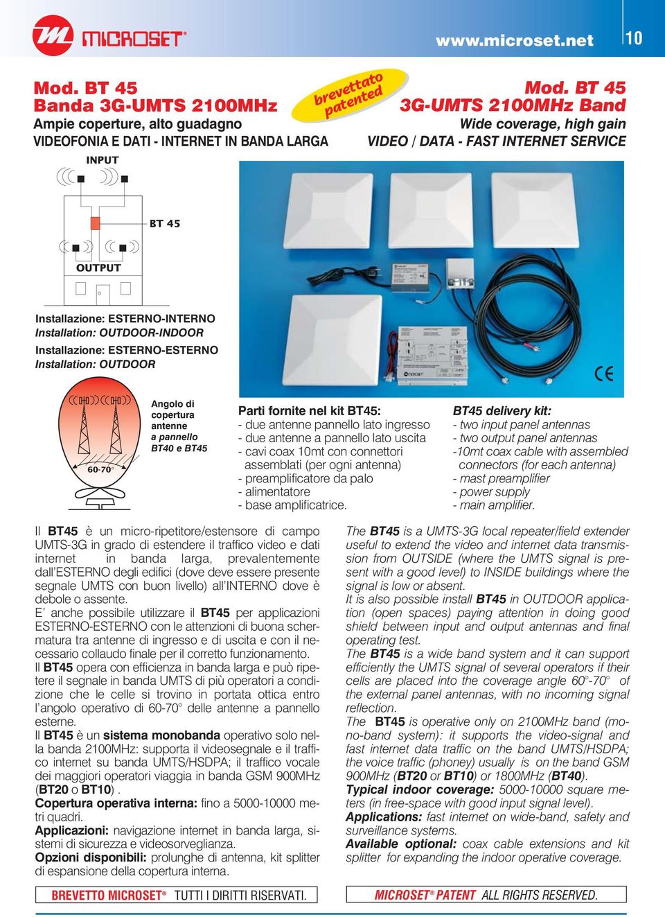 OUTDOOR 60-70 Angolo di copertura antenne a pannello BT40 e BT45 Parti fornite nel kit BT45: - due antenne pannello lato ingresso - due antenne a pannello lato uscita - cavi coax 10mt con connettori