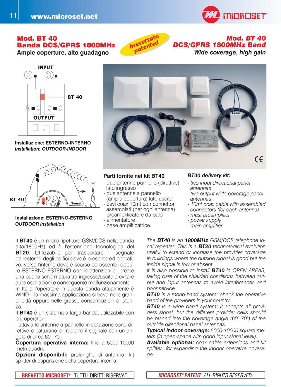 due antenne pannello (direttive) lato ingresso - due antenne a pannello (ampia copertura) lato uscita - cavi coax 10mt con connettori assemblati (per ogni antenna) - preamplificatore da palo -