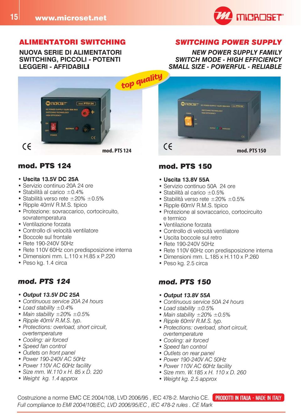 SIZE - POWERFUL - RELIABLE mod. PTS 124 mod. PTS 150 mod. PTS 124 Uscita 13.5V DC 25A Servizio continuo 20A 24 ore Stabilità al carico ±0.4% Stabilità verso rete ±20% ±0.5% Ripple 40mV R.M.S. tipico