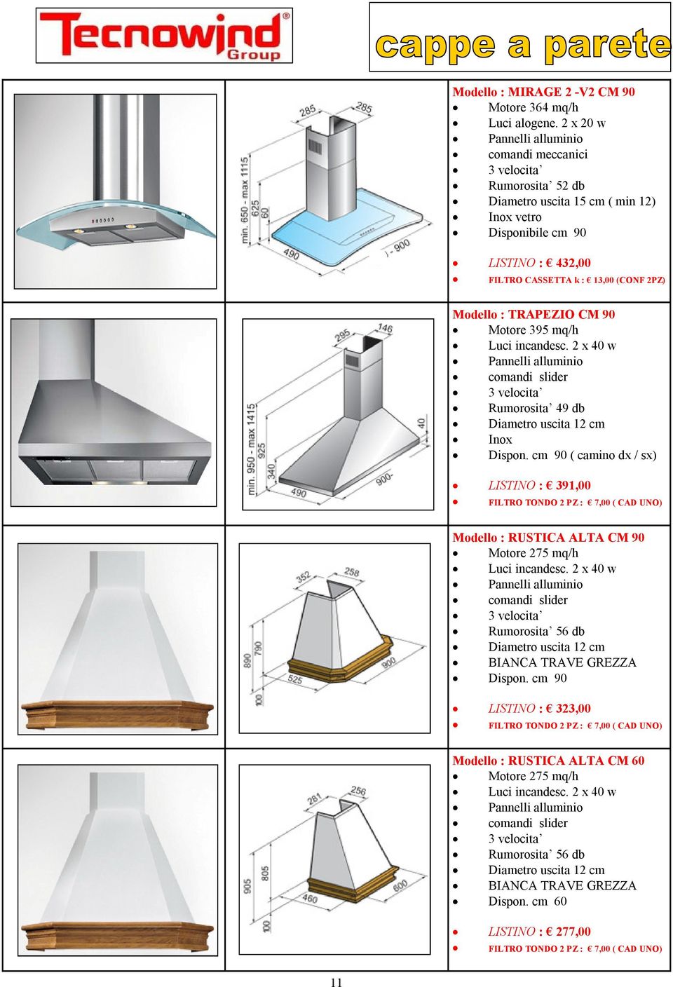 TRAPEZIO CM 90 Motore 395 mq/h Luci incandesc. 2 x 40 w Pannelli alluminio comandi slider 3 velocita Rumorosita 49 db Diametro uscita 12 cm Inox Dispon.