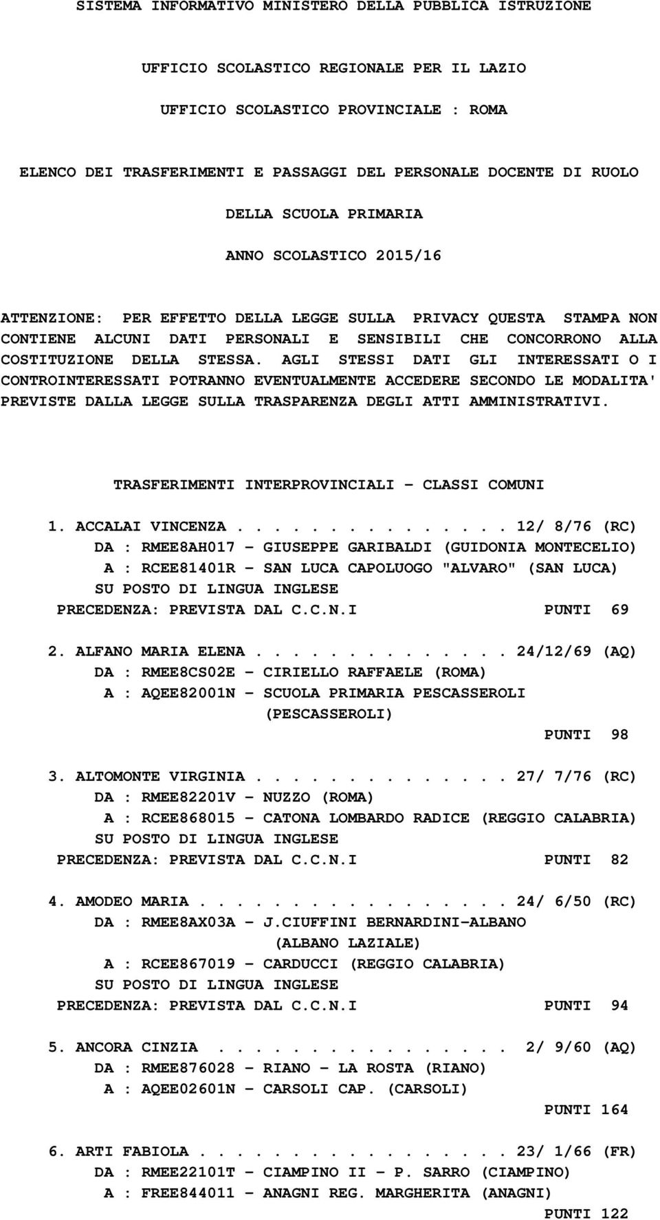 DELLA STESSA. AGLI STESSI DATI GLI INTERESSATI O I CONTROINTERESSATI POTRANNO EVENTUALMENTE ACCEDERE SECONDO LE MODALITA' PREVISTE DALLA LEGGE SULLA TRASPARENZA DEGLI ATTI AMMINISTRATIVI.