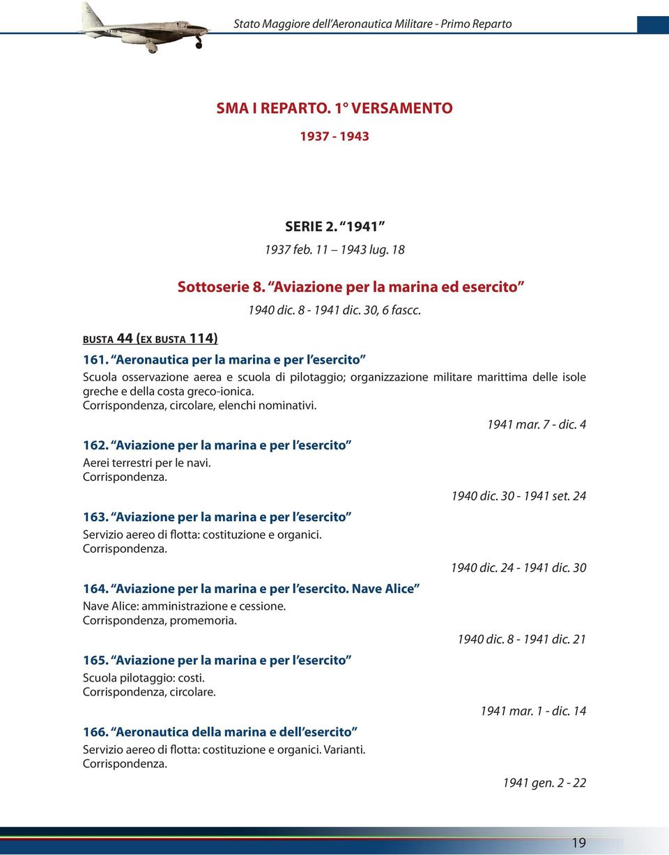 Corrispondenza, circolare, elenchi nominativi. 162. Aviazione per la marina e per l esercito Aerei terrestri per le navi. 163.