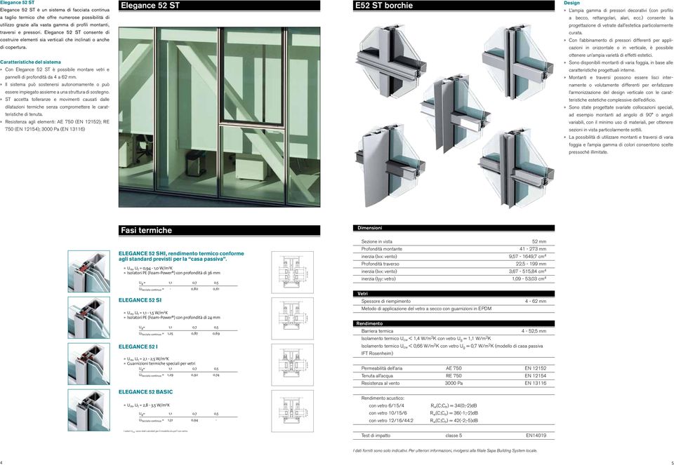 Caratteristiche del sistema» Con Elegance 52 ST è possibile montare vetri e pannelli di profondità da 4 a 62 mm.