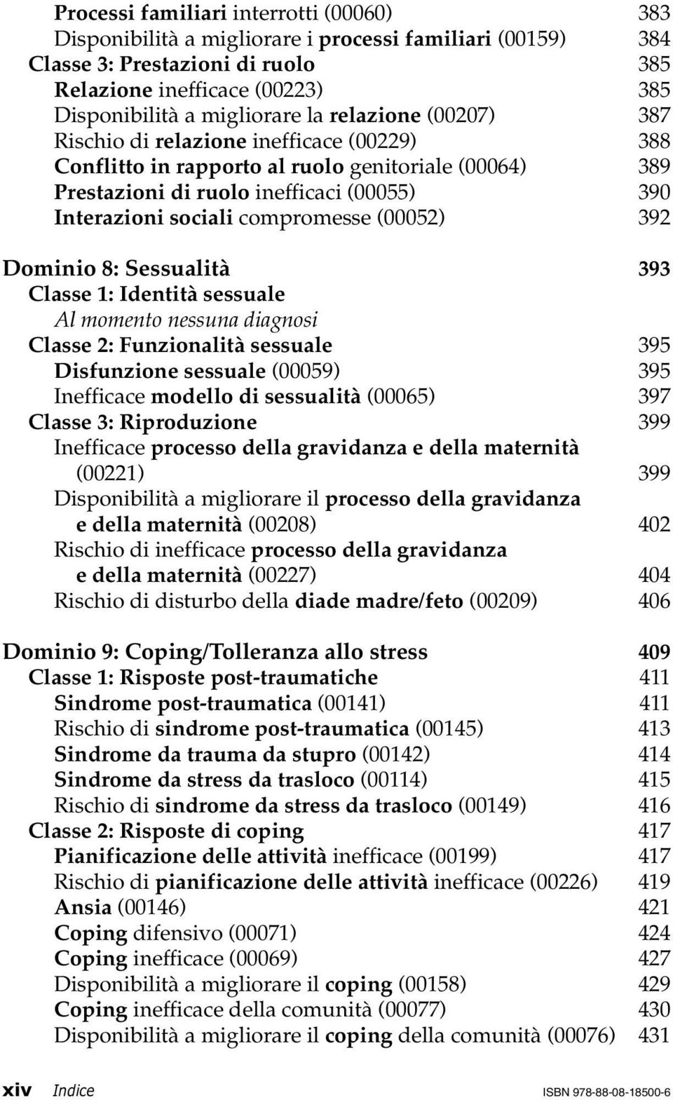 (00052) 392 Dominio 8: Sessualità 393 Classe 1: Identità sessuale Al momento nessuna diagnosi Classe 2: Funzionalità sessuale 395 Disfunzione sessuale (00059) 395 Inefficace modello di sessualità