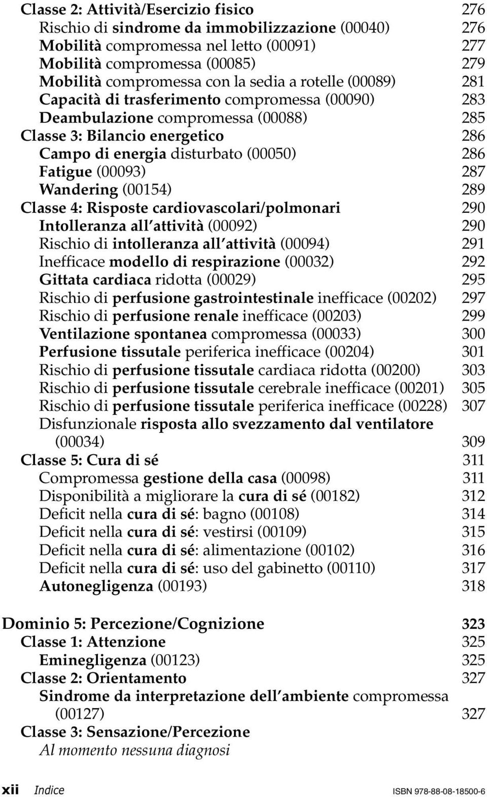 (00093) 287 Wandering (00154) 289 Classe 4: Risposte cardiovascolari/polmonari 290 Intolleranza all attività (00092) 290 Rischio di intolleranza all attività (00094) 291 Inefficace modello di