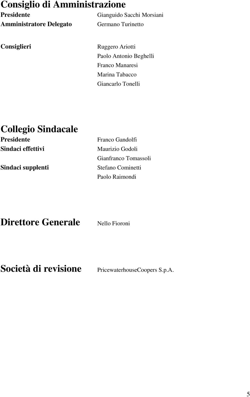 Sindacale Presidente Sindaci effettivi Sindaci supplenti Franco Gandolfi Maurizio Godoli Gianfranco Tomassoli