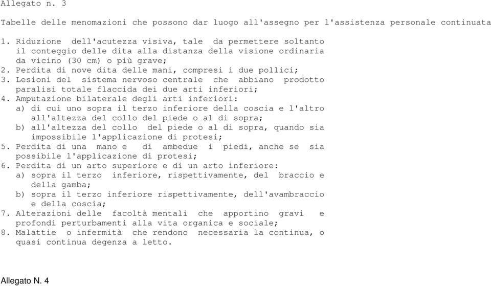 Perdita di nove dita delle mani, compresi i due pollici; 3. Lesioni del sistema nervoso centrale che abbiano prodotto paralisi totale flaccida dei due arti inferiori; 4.