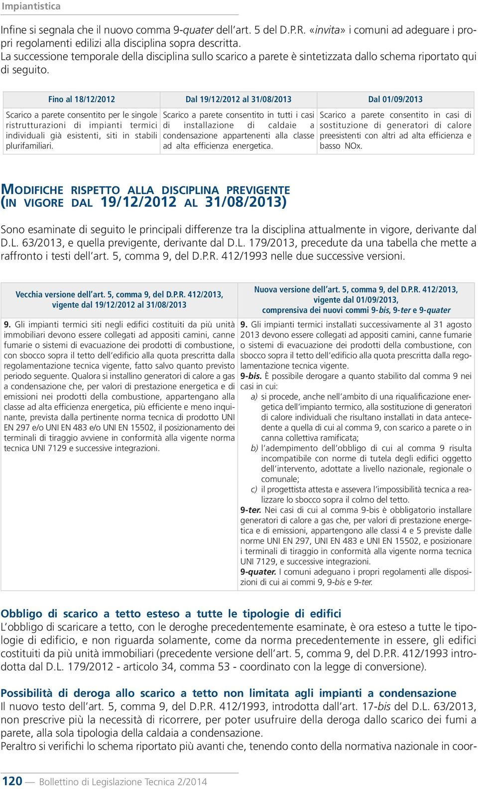 Fino al 18/12/2012 Dal 19/12/2012 al 31/08/2013 Dal 01/09/2013 Scarico a parete consentito per le singole ristrutturazioni di impianti termici individuali già esistenti, siti in stabili