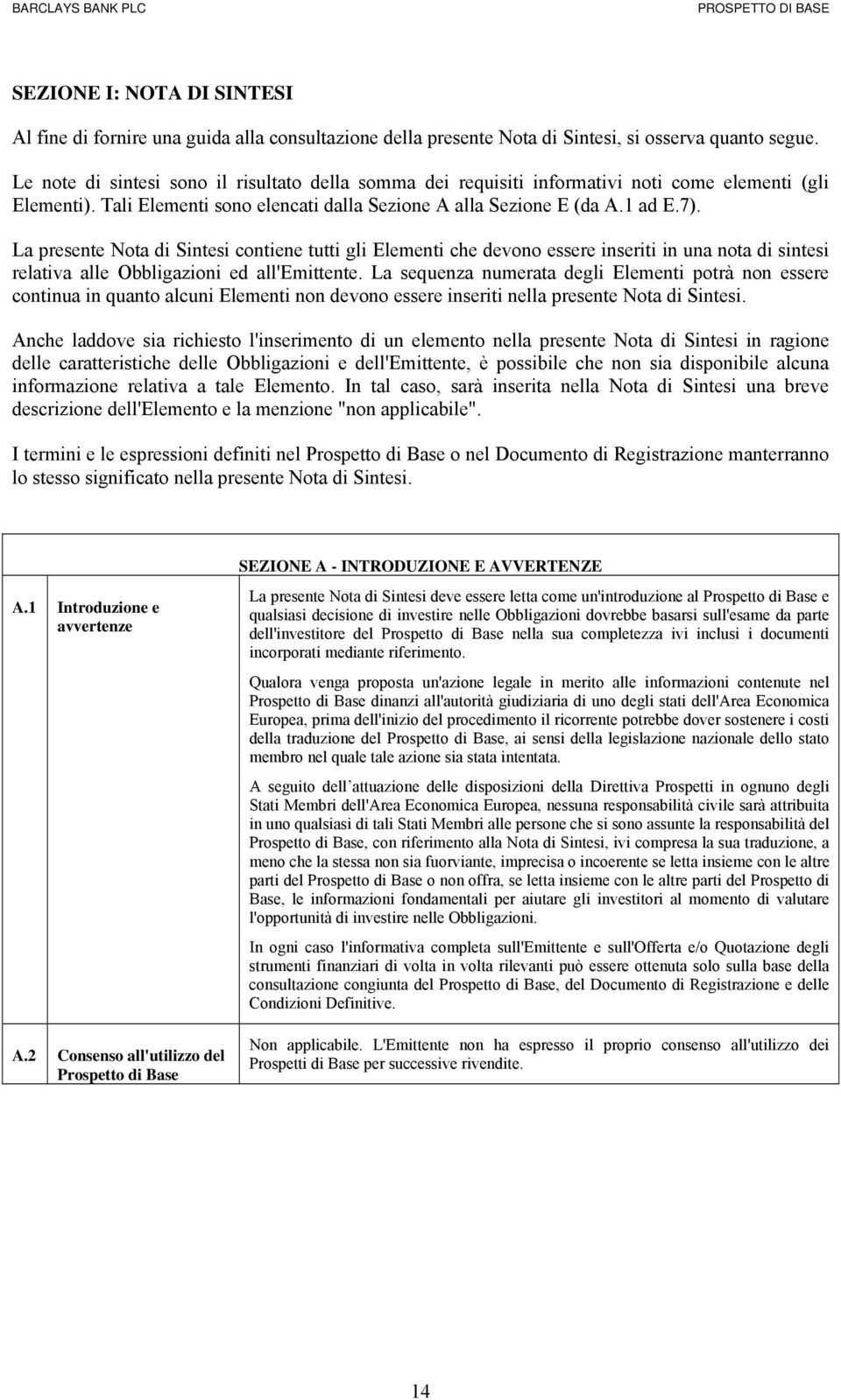 La presente Nota di Sintesi contiene tutti gli Elementi che devono essere inseriti in una nota di sintesi relativa alle Obbligazioni ed all'emittente.