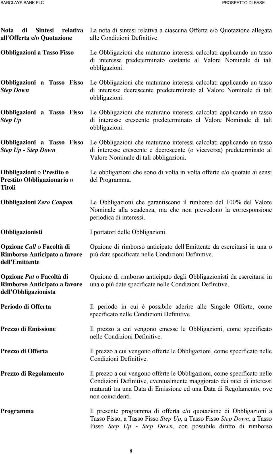 Rimborso Anticipato a favore dell'obbligazionista Periodo di Offerta Prezzo di Emissione Prezzo di Offerta Prezzo di Regolamento Programma La nota di sintesi relativa a ciascuna Offerta e/o