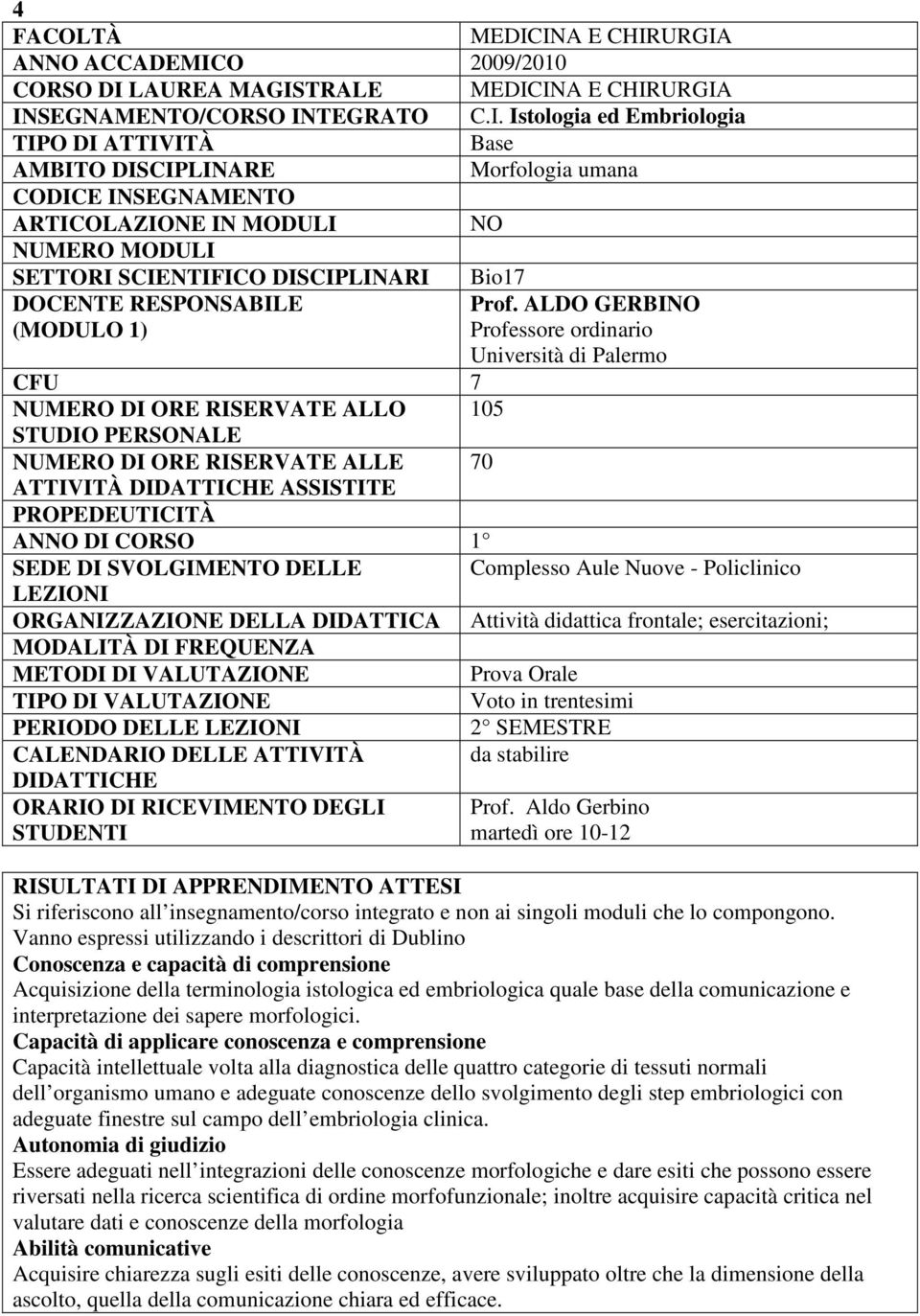 Morfologia umana CODICE INSEGNAMENTO ARTICOLAZIONE IN MODULI NO NUMERO MODULI SETTORI SCIENTIFICO DISCIPLINARI Bio17 DOCENTE RESPONSABILE (MODULO 1) Prof.