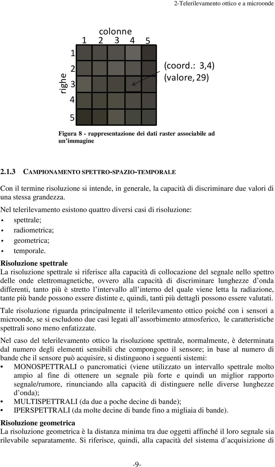 Nel telerilevamento esistono quattro diversi casi di risoluzione: spettrale; radiometrica; geometrica; temporale.