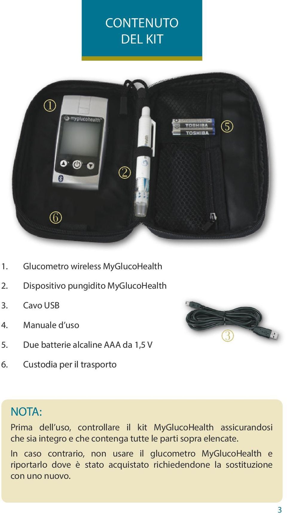 Custodia per il trasporto NOTA: Prima dell uso, controllare il kit MyGlucoHealth assicurandosi che sia integro e che