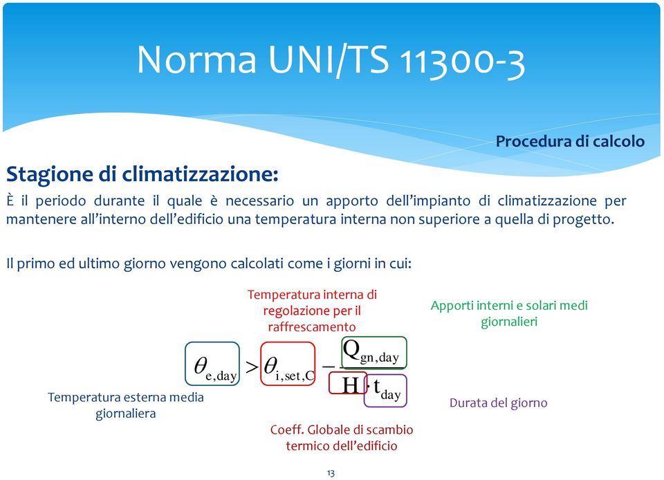 Il primo ed ultimo giorno vengono calcolati come i giorni in cui: Temperatura esterna media giornaliera e, day Temperatura interna