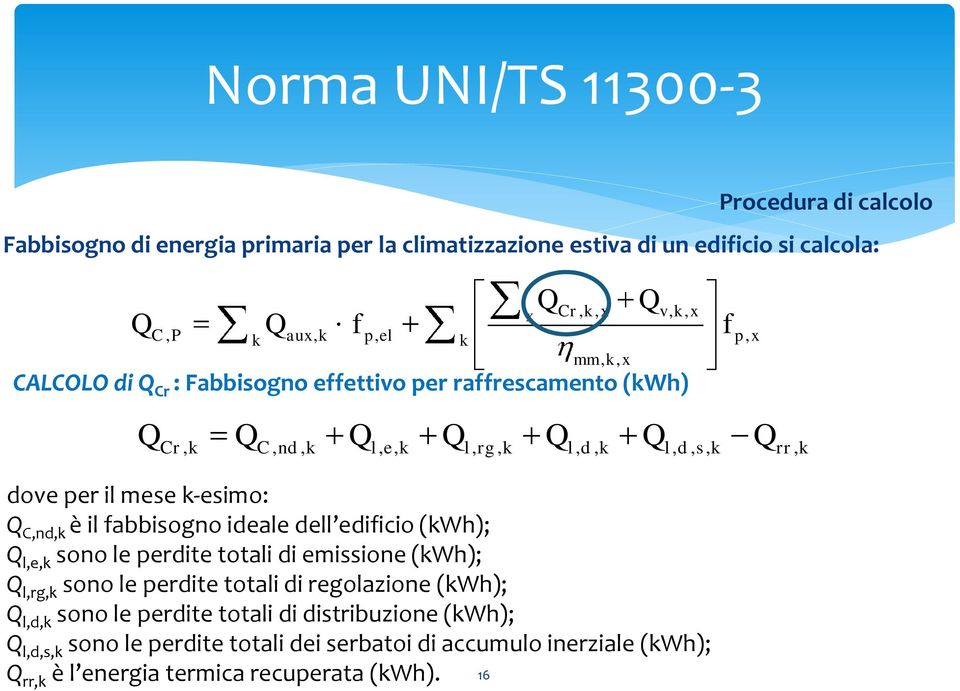 C,nd,k è il fabbisogno ideale dell edificio (kwh); Q l,e,k sono le perdite totali di emissione (kwh); Q l,rg,k sono le perdite totali di regolazione (kwh); Q