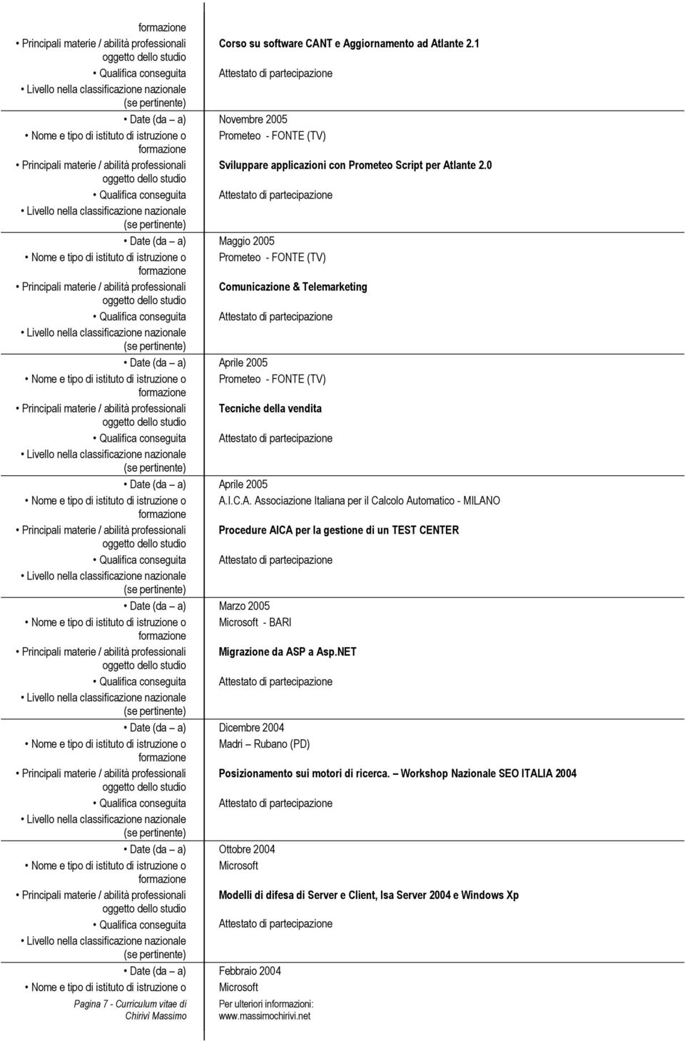 0 Date (da a) Maggio 2005 Nome e tipo di istituto di istruzione o Prometeo - FONTE (TV) Principali materie / abilità professionali Comunicazione & Telemarketing Date (da a) Aprile 2005 Nome e tipo di