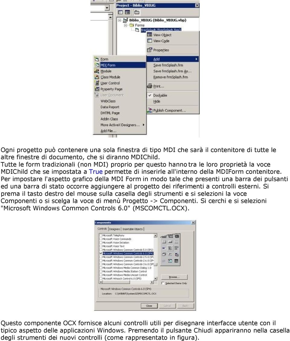 Per impostare l'aspetto grafico della MDI Form in modo tale che presenti una barra dei pulsanti ed una barra di stato occorre aggiungere al progetto dei riferimenti a controlli esterni.