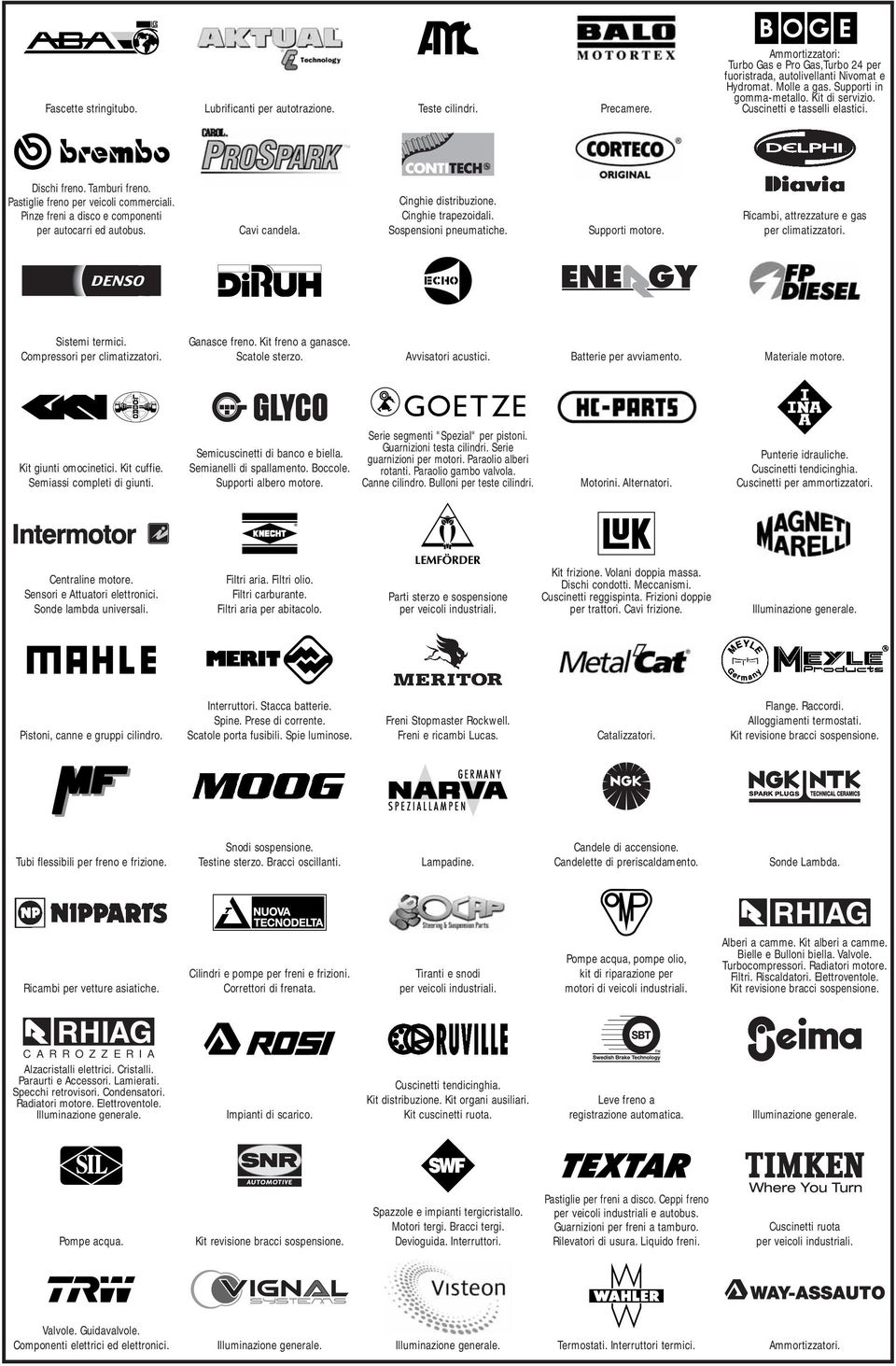 Pinze freni a disco e componenti per autocarri ed autobus. Cavi candela. Cinghie distribuzione. Cinghie trapezoidali. Sospensioni pneumatiche. Supporti motore.