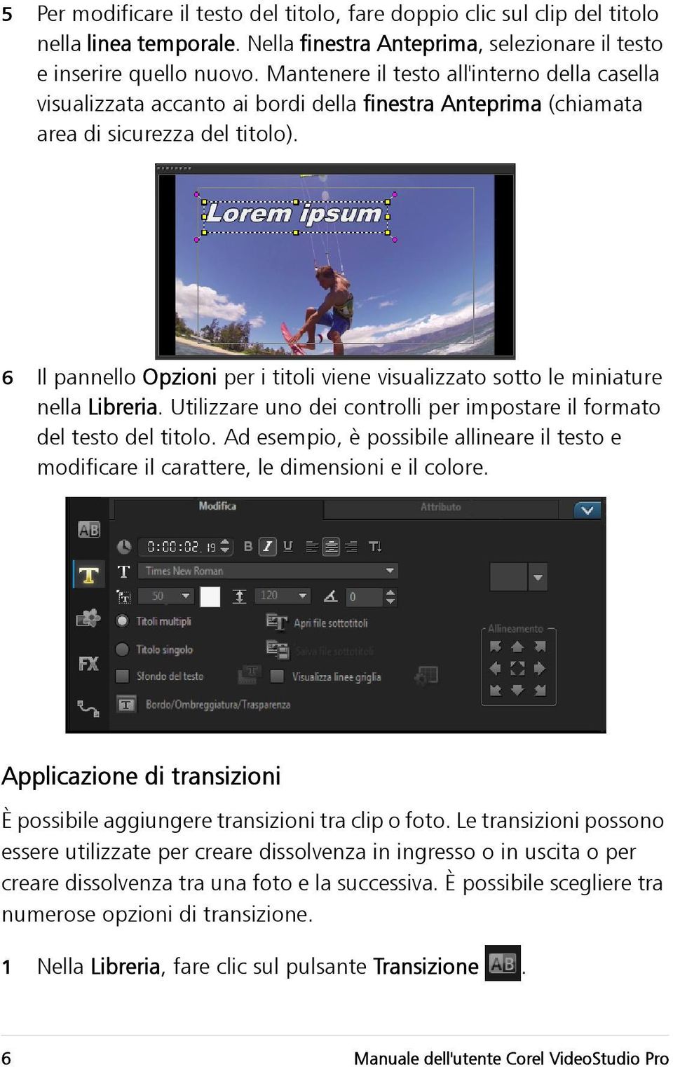 6 Il pannello Opzioni per i titoli viene visualizzato sotto le miniature nella Libreria. Utilizzare uno dei controlli per impostare il formato del testo del titolo.