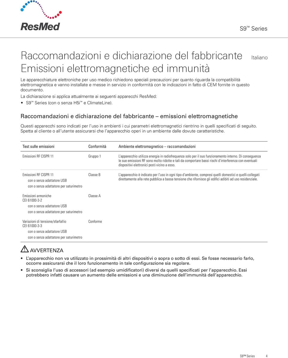 La dichiarazione si applica attualmente ai seguenti apparecchi ResMed: S9 Series (con o senza H5i e ClimateLine).