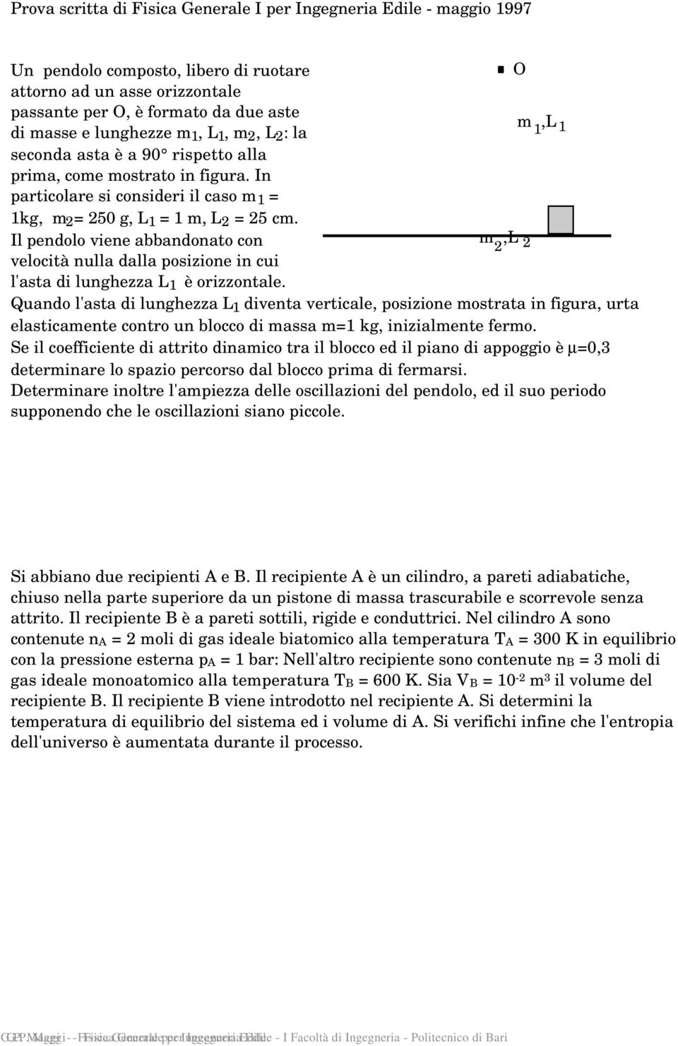 Il pendolo viene abbandonato con m,l 2 2 velocità nulla dalla posizione in cui l'asta di lunghezza L 1 è orizzontale.