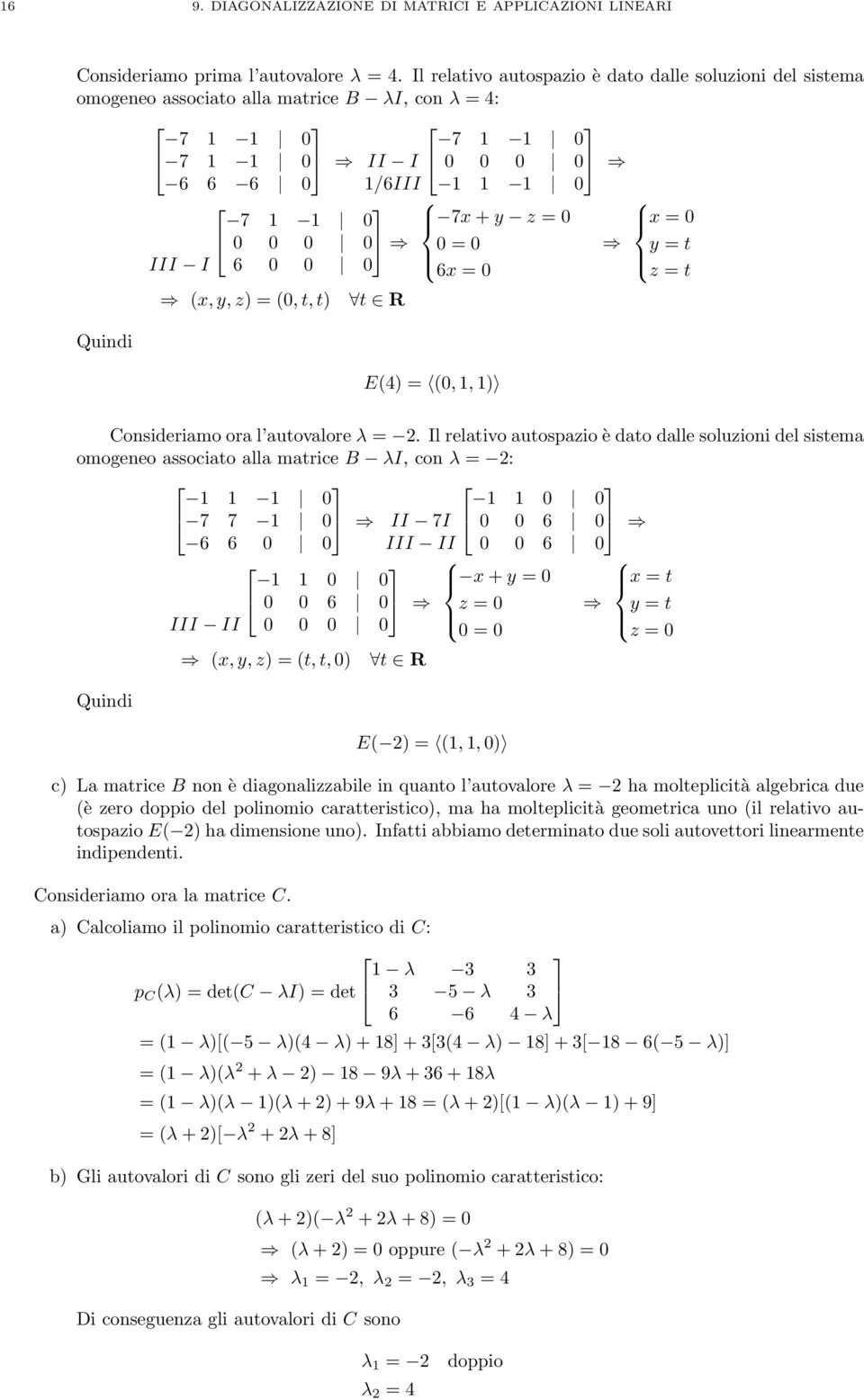 y = t III I 6 0 0 0 6x = 0 (x,y,z) = (0,t,t) t R Quindi E(4) = (0,1,1) Consideriamo ora l autovalore λ = 2.