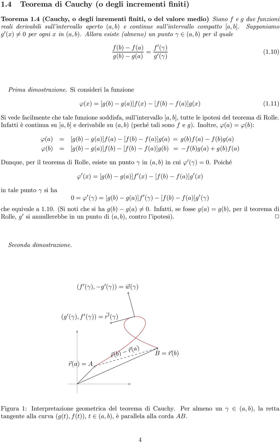 Supponiamo g (x) 0 per ogni x in (a, b). Allora esiste (almeno) un punto γ (a, b) per il quale f(b) f(a) g(b) g(a) = f (γ) g (γ) (1.10) Prima dimostrazione.