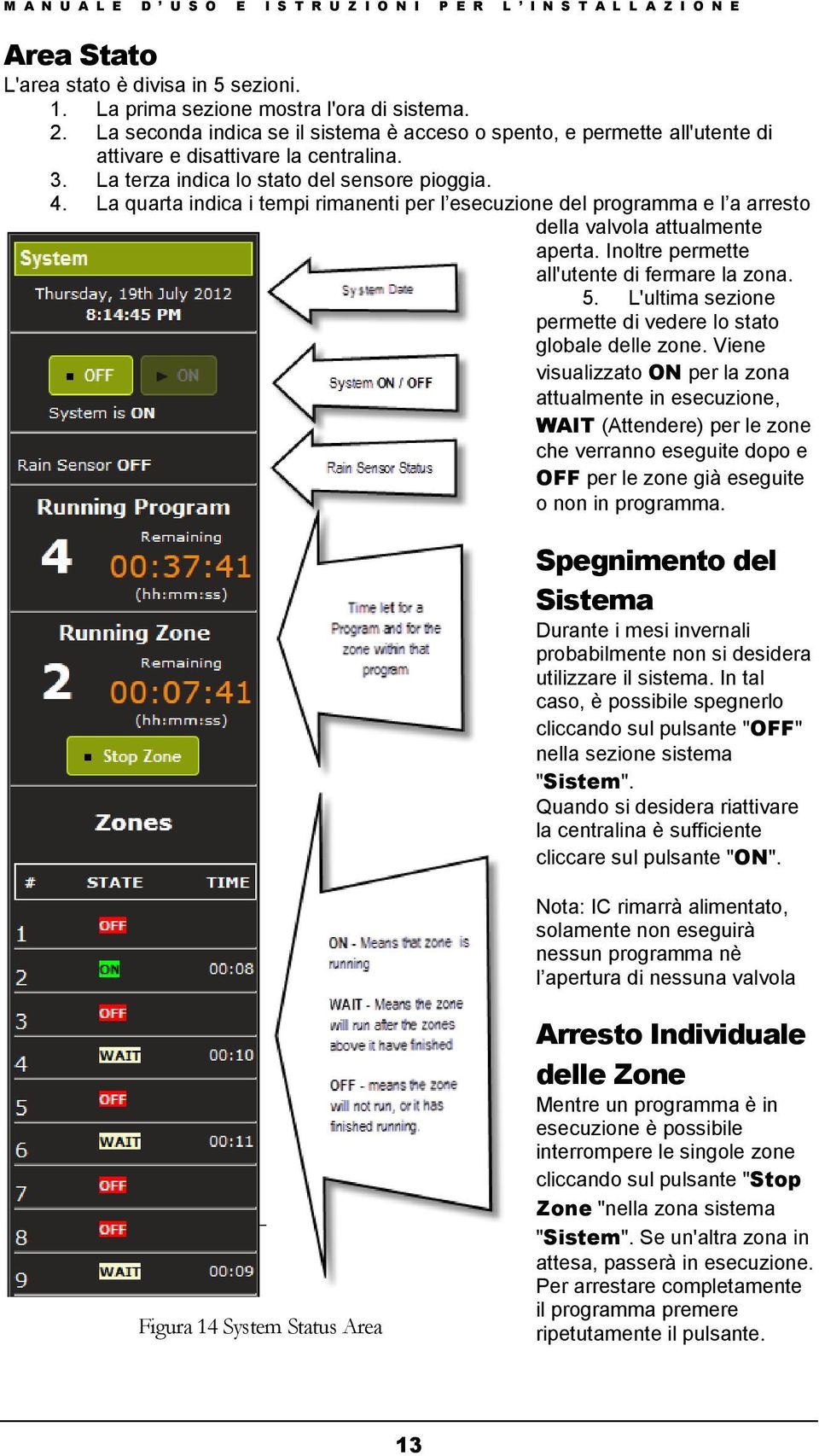 La quarta indica i tempi rimanenti per l esecuzione del programma e l a arresto della valvola attualmente aperta. Inoltre permette all'utente di fermare la zona. 5.