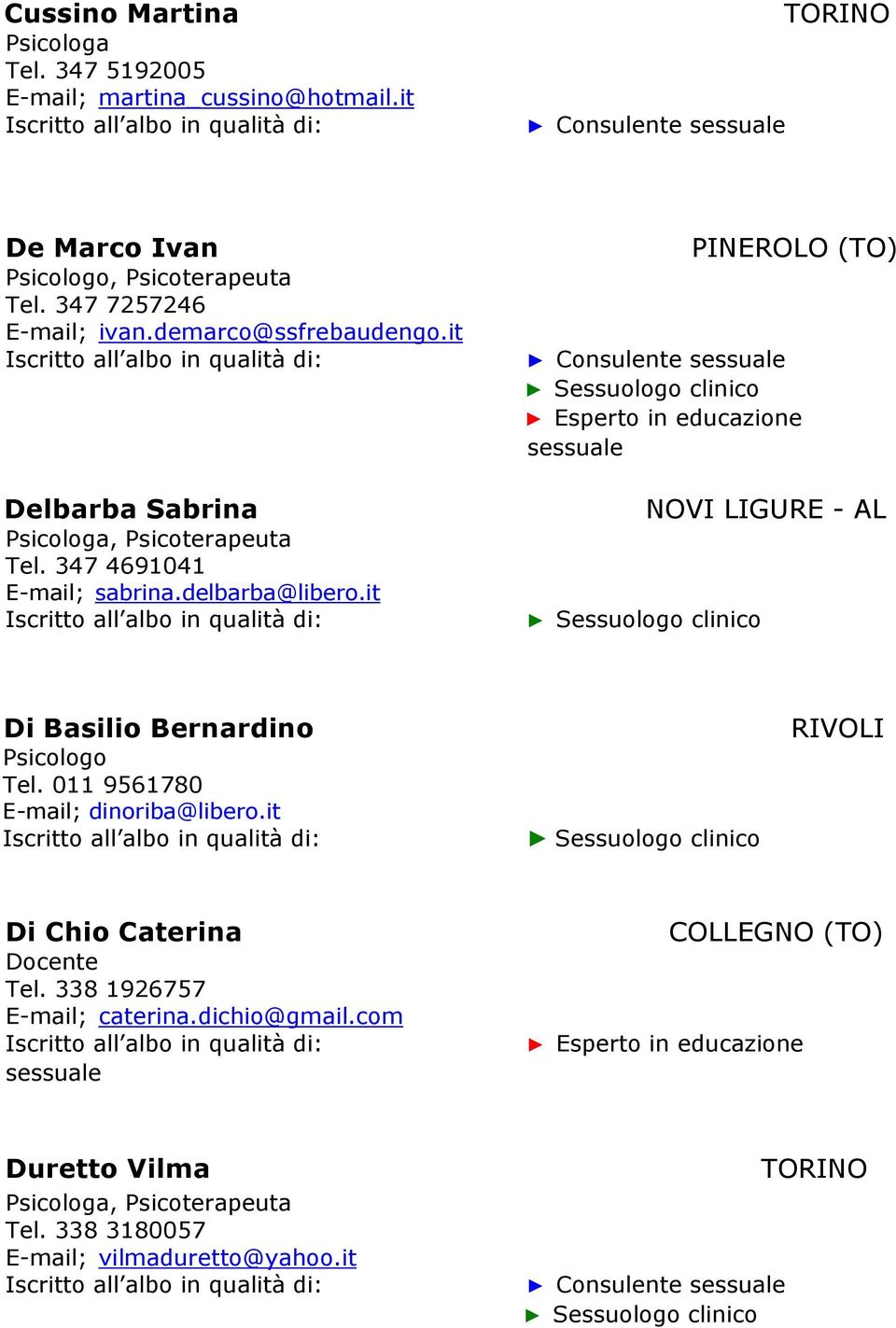 it PINEROLO (TO) NOVI LIGURE - AL Di Basilio Bernardino Psicologo Tel. 011 9561780 E-mail; dinoriba@libero.